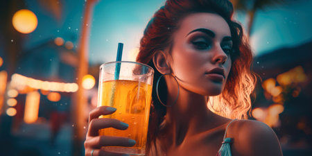 Beautiful young woman drinking a cocktail on the beach at sunset.の素材