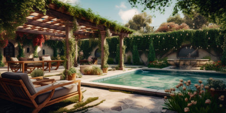 Swimming pool in luxury villa garden. vintage style toned pictureの素材