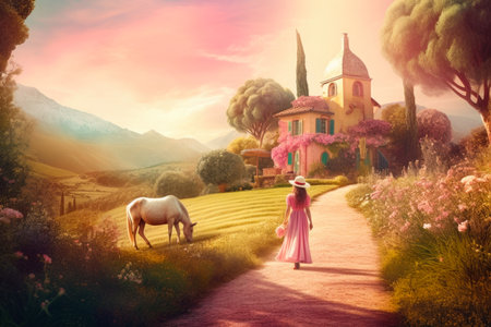 Beautiful girl in pink dress with white horse and pink house in the countryside.の素材