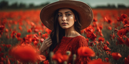 Beautiful young woman in hat and red dress on poppy field.の素材