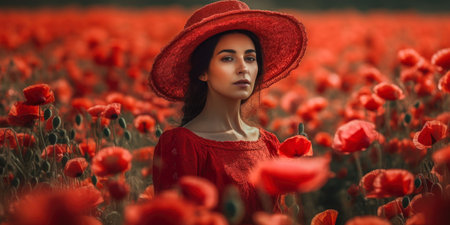Portrait of a beautiful young woman in a red dress and hat on a poppy fieldの素材