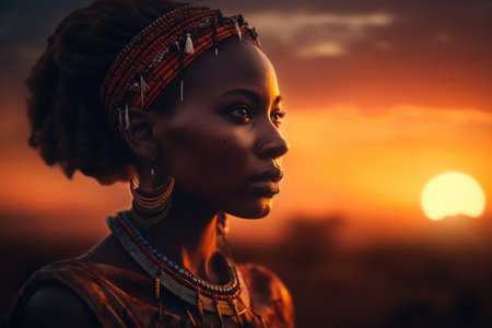 African woman in traditional clothing and earrings on the sunset background.の素材