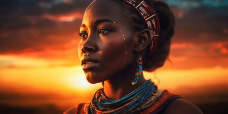 Portrait of a beautiful young African woman with ethnic jewelry at sunsetの素材