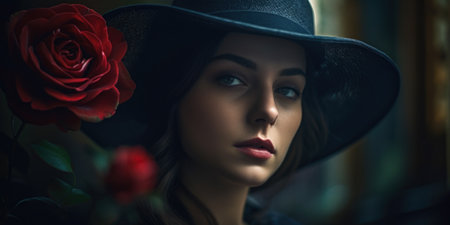 Portrait of a beautiful girl in a hat with a red roseの素材
