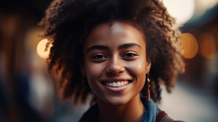 Close up portrait of a beautiful young african american woman smiling outdoorsの素材