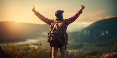 Hiker with backpack standing on top of a mountain and enjoying the viewの素材