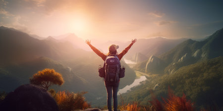Hiking woman with backpack standing on top of a mountain and enjoying the view at sunset.の素材