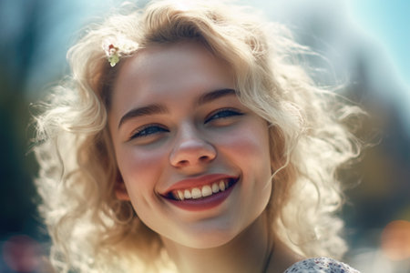 Close-up portrait of a beautiful girl with blond curly hair.の素材