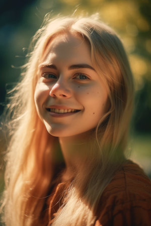 Portrait of a beautiful girl with long blond hair in the parkの素材