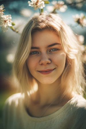 Beautiful girl with blond hair in blooming garden. spring portrait.の素材