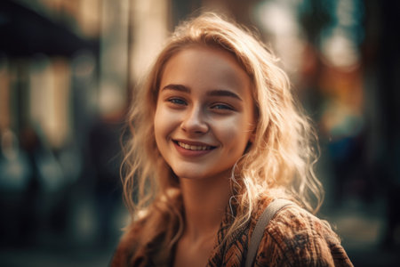 Portrait of a beautiful young woman with blond hair in the cityの素材