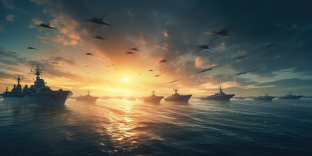 Silhouettes of ships in the sea at sunset.の素材
