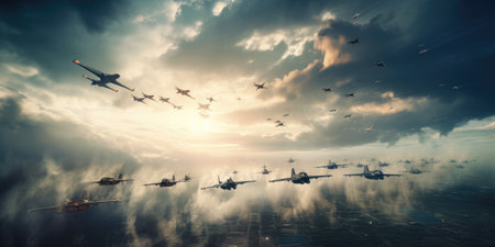 Fighter aircraft flying in the sky at sunset.の素材