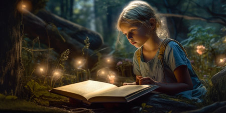 Little girl reading a book in the forest. Fairy tale concept.の素材