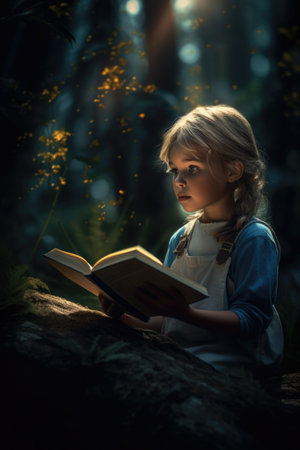 Cute little girl reading a book in the forest at night.の素材