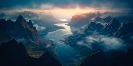 fantasy alien planet. mountain and lake.の素材