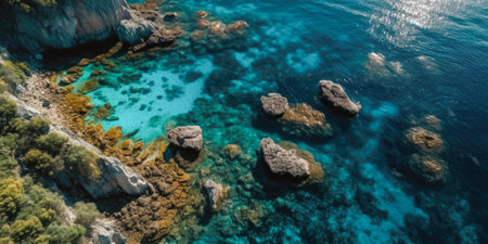 Aerial view of beautiful seascape with turquoise water and rocks.の素材