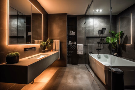 Interior of modern bathroom with black tiled walls and wooden floorの素材