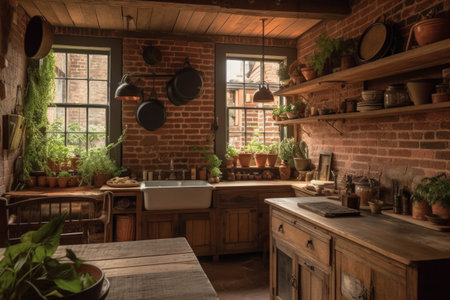 Interior of a rustic kitchen in a country house with brick wallsの素材