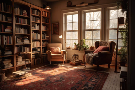 Interior of a cozy living room with armchair and bookshelvesの素材