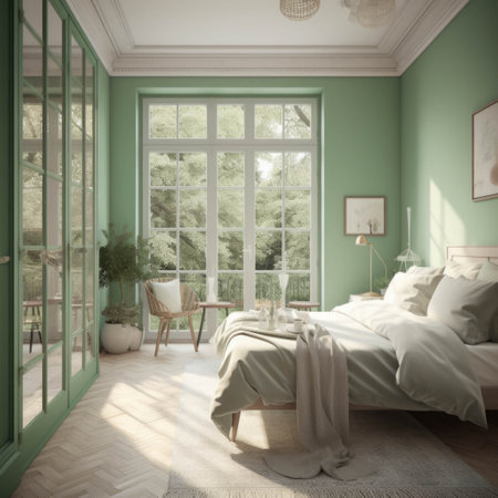 Interior of a modern bedroom with green wallsの素材