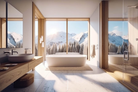 Interior of modern bathroom with white and wooden walls, tiled floor, comfortable bathtub and panoramic window with mountain view.の素材