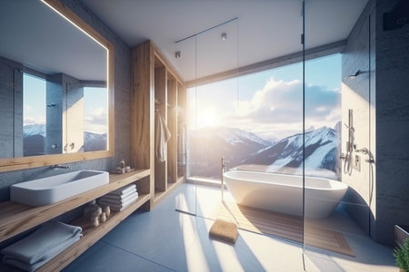 Interior of modern bathroom with concrete walls, tiled floor, comfortable white bathtub standing near window and mountain view. Toned image double exposureの素材