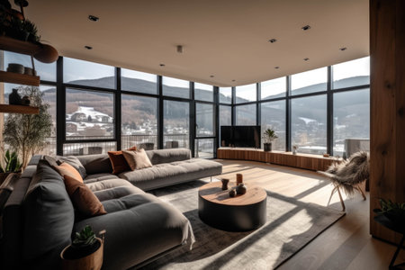 Interior of modern living room with panoramic view of mountainsの素材