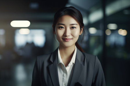 Portrait of a young businesswoman smiling while standing in the officeの素材