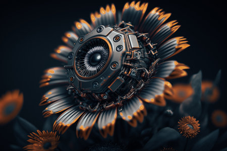 3d illustration of abstract technology concept with computer engine and flower on dark backgroundの素材