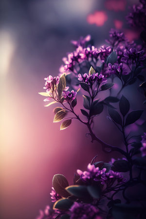 Beautiful purple lilac flowers on the background of the setting sunの素材