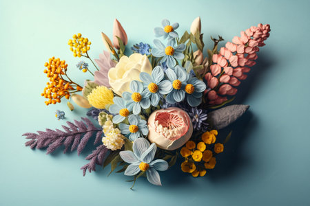 Beautiful bouquet of different flowers on color background, top viewの素材