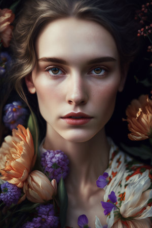 Portrait of a beautiful young woman with flowers. Beauty, fashion.の素材