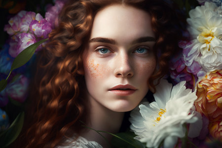 Portrait of a beautiful young girl with red hair and flowers.の素材