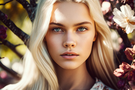 fashion outdoor photo of beautiful sensual woman with blond hair in flowering gardenの素材