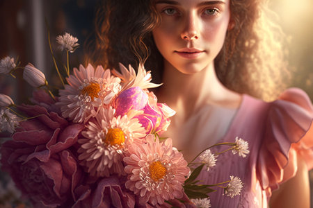 Closeup portrait of a beautiful young girl holding a bouquet of flowersの素材