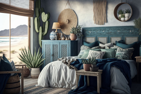 3d rendering of a bedroom interior design with sea view and beachの素材