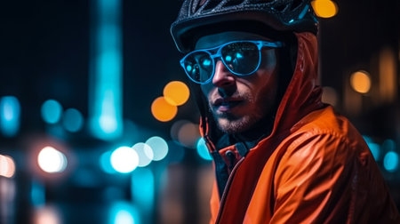 Portrait of a man wearing a helmet and glasses. Bokeh lights in the background.の素材