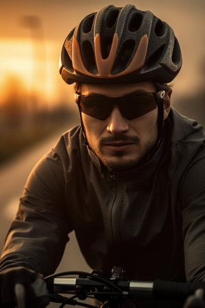 Cyclist in helmet and sunglasses on the road during sunset.の素材
