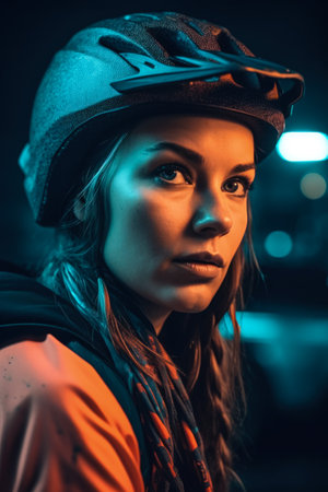 Portrait of a young woman in a helmet on the road.の素材