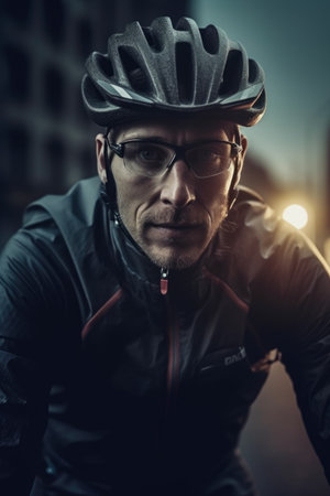 Portrait of a cyclist in a helmet and glasses on the streetの素材