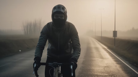 Cyclist riding a bicycle on a road in a foggy morningの素材