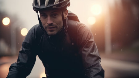 Portrait of a handsome man in a bicycle helmet sitting on the road.の素材
