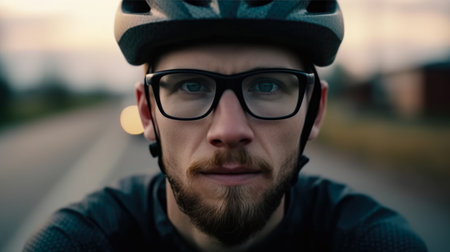 Cyclist on the road. Close-up portrait of a man in helmet and glasses.の素材