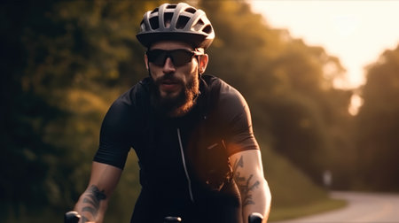 Cyclist in helmet and sunglasses riding bicycle on road in summerの素材