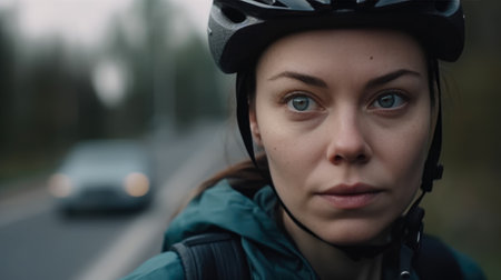 Portrait of a young woman in a helmet on the road.の素材