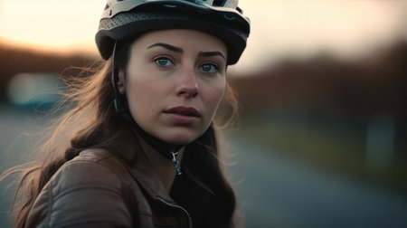 Portrait of a beautiful young woman in a helmet on the roadの素材