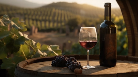 Glass of red wine with bottle and grapes in vineyard on backgroundの素材