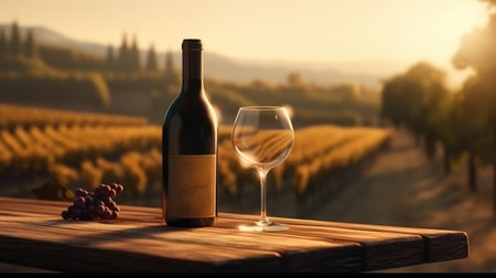 Wine bottle and glass on vineyard in Tuscany, Italyの素材
