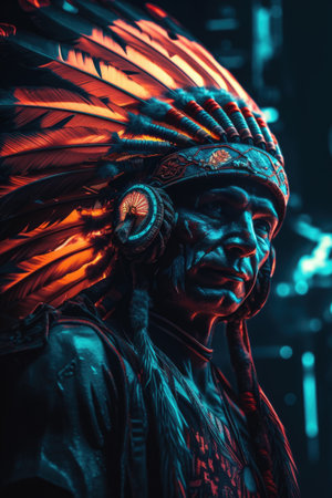 Portrait of an Indian warrior with a red headdress.の素材
